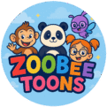 "Zoobee Toons logo with cartoon images and English text, representing Hindi kids songs and animated rhymes"